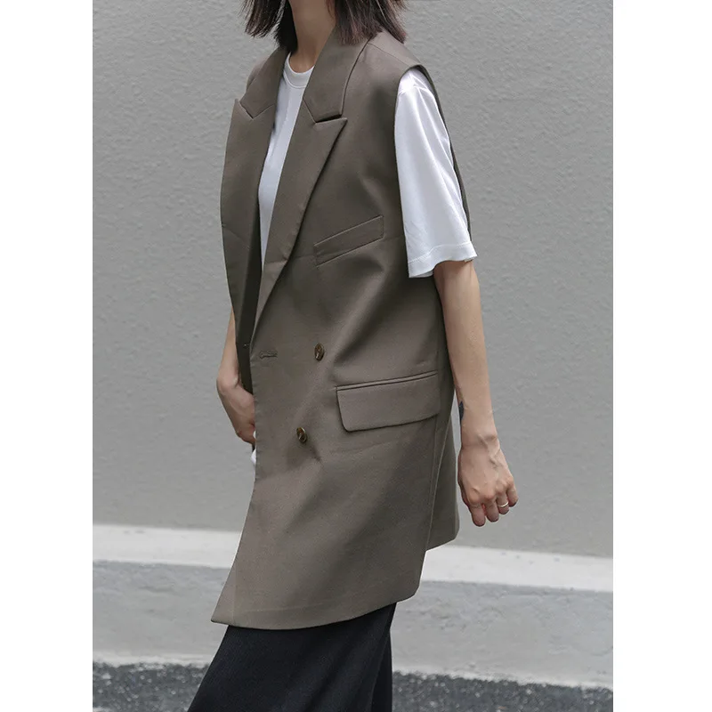 

JRHYME Boyfriend Style One Size Fit All Double Breasted Flap Pocket Suit Vest In Pop Camel Black Brown,OVERSIZED WOMEN VEST