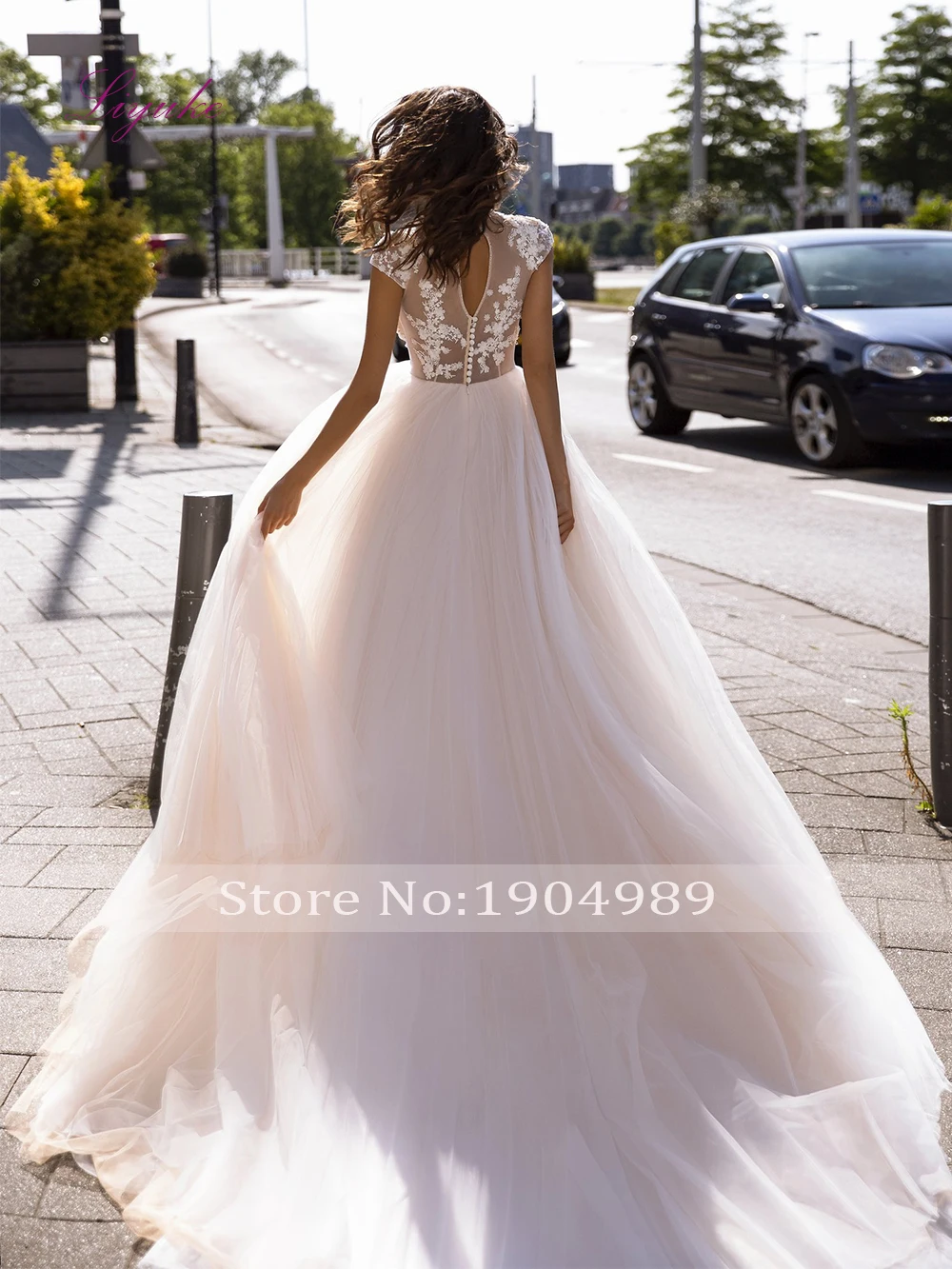 Liyuke Married Wedding Dress A-line Lace Appliques Sequined High Neck Illusion Bridal Marriage Chapel Train Customized