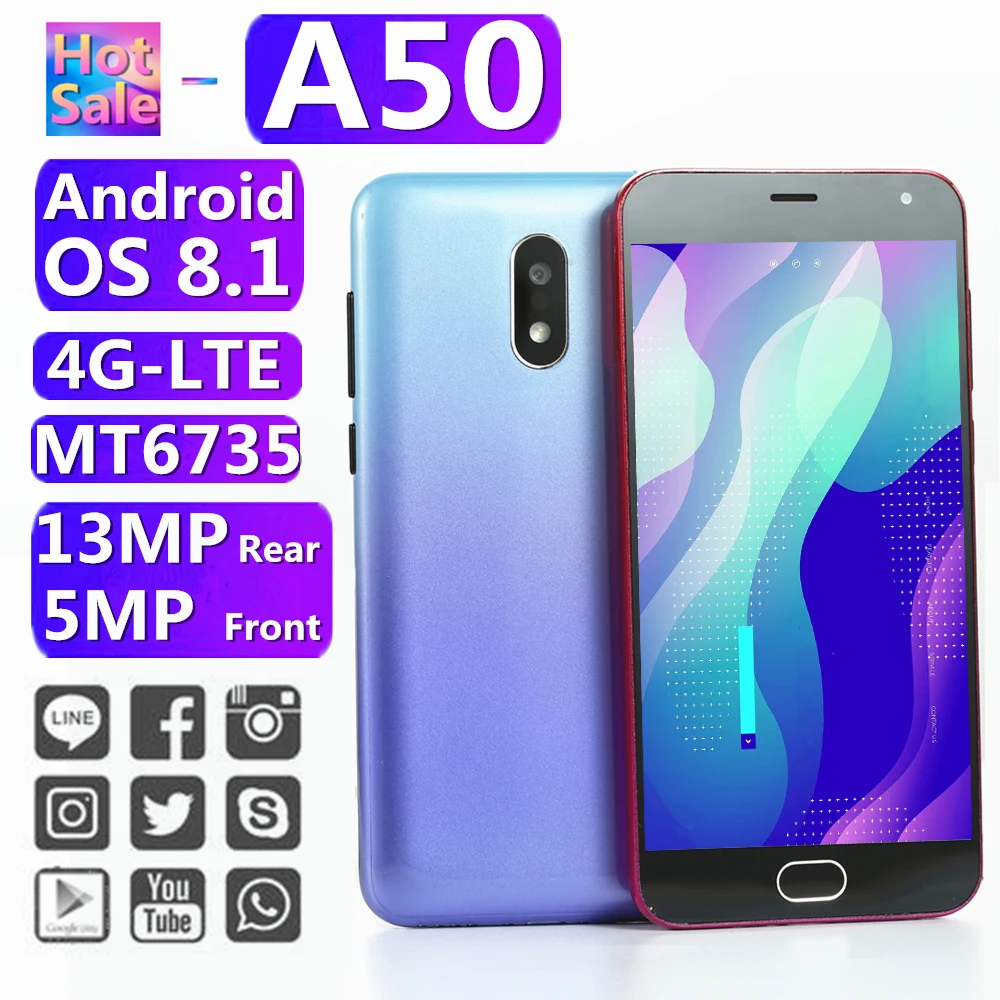 

Original smartphones A50 4G lte Android 8.1 MT6735 13mp 2GB RAM 16GB ROM Unlocked Quad Core mobile phones cellphones 10touch