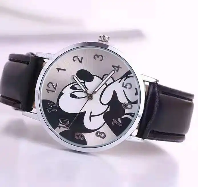 Популярные Стильные Детские часы с Микки Маусом, милые кварцевые часы с ремешком для девочек и мальчиков - Цвет: Черный