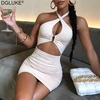 Halter Ruched Bodycon Dress Women Hollow Out Backless Sexy Mini Dress Summer 2021 Party Night Club Dress Orange Black White 1