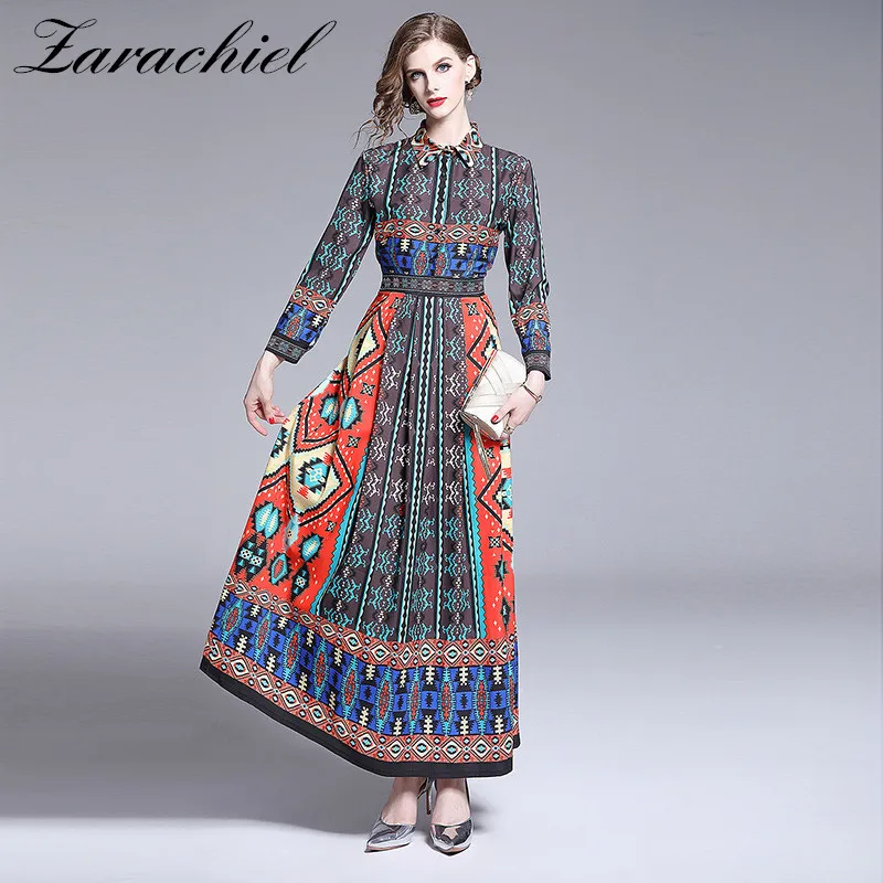 

Autumn Fashion Runway Wrist Sleeve Vintage Dress Women's Turn-Down Collar Multicolor Printed Elegant High Waist Long Maxi Dress