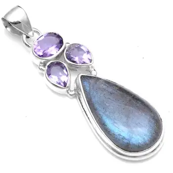 

Genuine Labradorite + Amethyst Pendant 925 Sterling Silver, 76.2 mm, 2SP0729