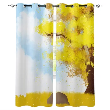 

Maple Deciduous Autumn Yellow Window Curtains LivingRoom Kitchen Curtains Left and Right Biparting Open