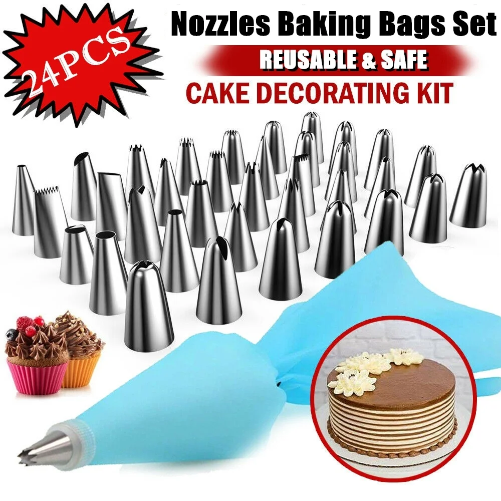 

8/14/16/24Pcs DIY Cake Decorating Bakery Tools Kit Piping Tips Pastry Silicone Reusable Icing Bags Nozzles Sets