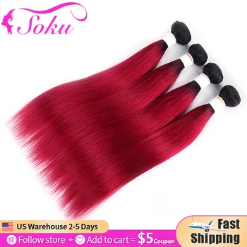 

Brazilian Straight Hair Weave Bundles T1B 99J/Burgundy Dark Root Ombre Human Hair Bundles SOKU Non-Remy 3/4 Bundle Deals