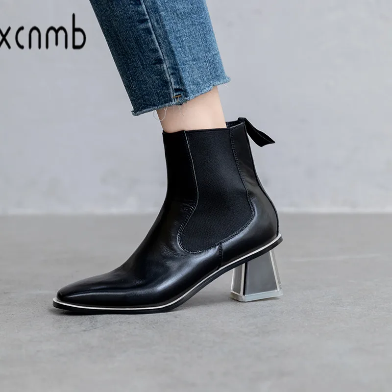 

TXCNMB Round Toe Women Ankle Boots Genuine Leather High Heels Shoes Woman Spring Winter Boot Woman Large Size
