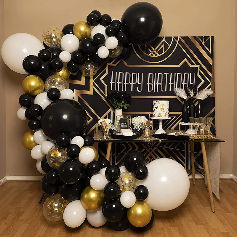 black and white themed balloon decorations