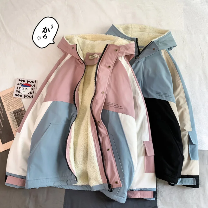 

Winter Lamb Hair Jacket Men's Warm Thick Parka Men Fashion Cross Color Hooded Coat Man Loose Cotton Jacket Male Clothes Overcoat