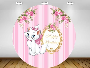 

Cartoon Cat Pink Flower Round Circle Background Backdrop Baby Shower Photo Booth Birthday Party Banner Table Cover Plinth
