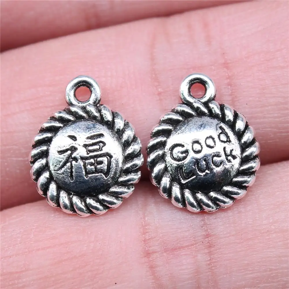 WYSIWYG 10pcs 16x13mm Chinese Style Blessing Good Luck Charms For Jewelry Making Antique Silver Plated Antique Bronze Color