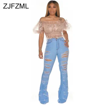 

High Waist Summer Plus Size Denim Trouser Women Vintage Hollow Hole Club Party Leggings Casual Light Blue Bell Bottom Slim Pants