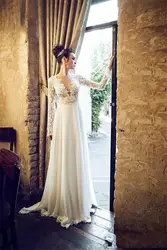 2018 Sexy Backless Beach V-Neck Lace Long Sleeve Chiffon Sweep Train Bridal Gown vestido de noiva mother of the bride dresses