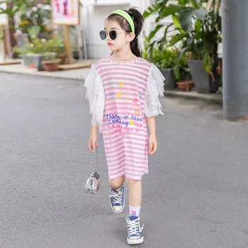 

2020 summer letter print stripes lace ruffles baby girl korean cotton dress teen girl children kid princess dress vestidos