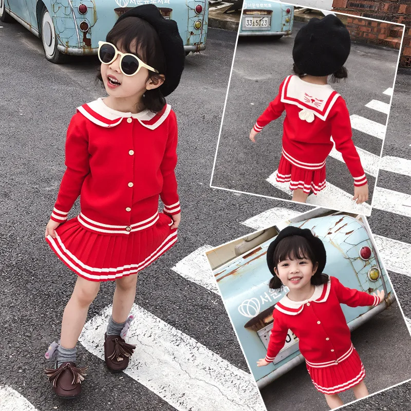 

Kids' Sweater Set 2019 Autumn New Style Small CHILDREN'S Baby Girls Core-Spun Yarn Fold-down Collar Cardigan Pleated Skirt Set