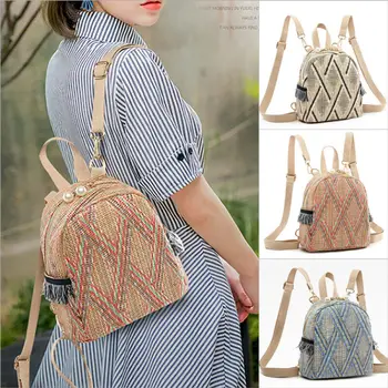 

Straw Woven Small Travel Backpack Women Stripe Print Shoulder Schoolbag Knapsack
