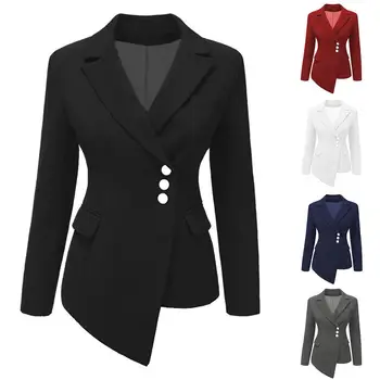 

New Spring Autumn Women Fashion Cool Solid Color Lapel Button Asymmetric Slim Coat Outwear Blazer