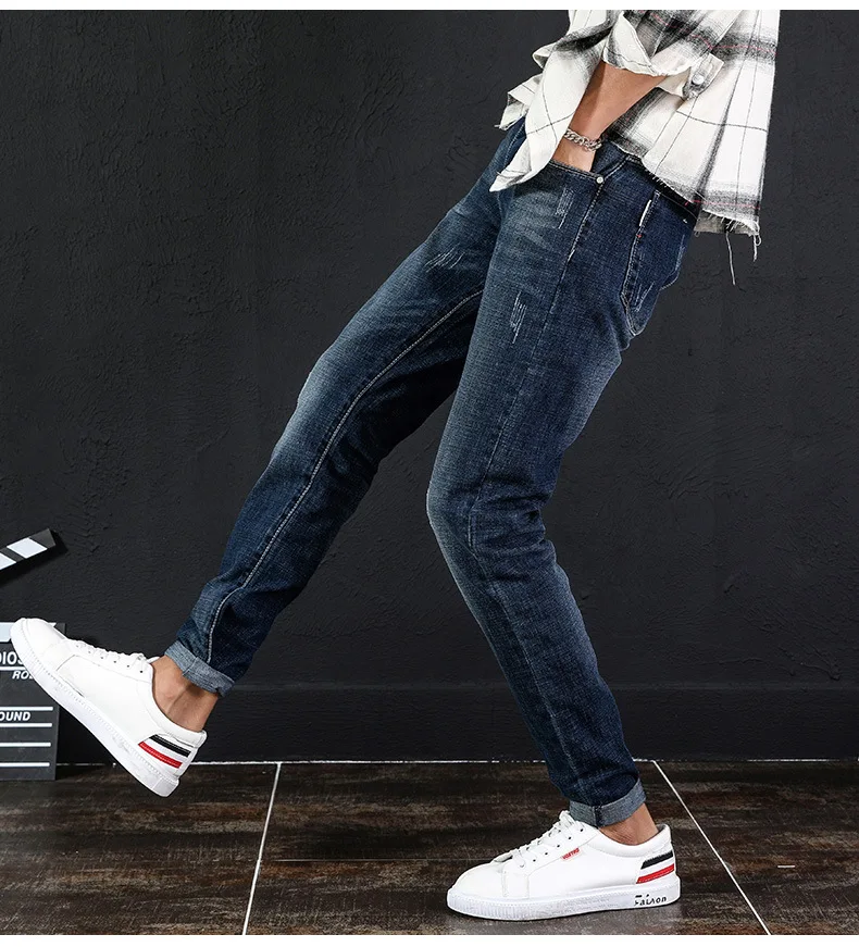 Осень и зима стиль джинсы мужские корейский стиль Slim Fit тренд Молодежные мужские зауженные повседневные брюки эластичные ковбойские длинные брюки