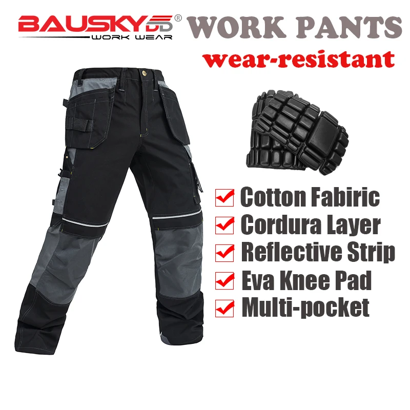 BAUSKYDD мужские Мульти карманные светоотражающие полосы рабочие брюки для работы с Мягкие Наколенники мужские брюки