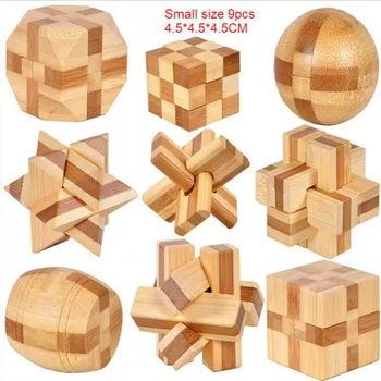 

9PCS/SET Design IQ Brain Teaser Kong Ming Lock 3D Wooden Interlocking Burr Puzzles Game Toy Bamboo Small Size For Adults Kids