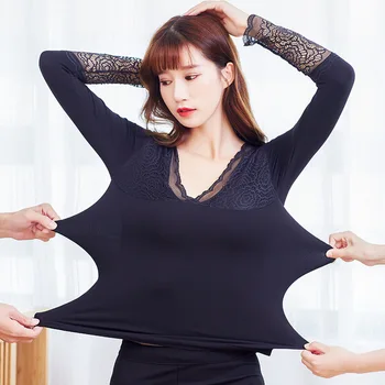 

Women's Lace Thermal Underwear Double Layer Plus Velvet Thick Thermal Underwear V-neck Lace Russian and Canadian Women Keep Warm