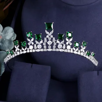 

Janekelly Green Crown Wedding Headpieces With cube zircon Wholesale Bridal Hair Accessories Headdress Bridal Hair Tiaras