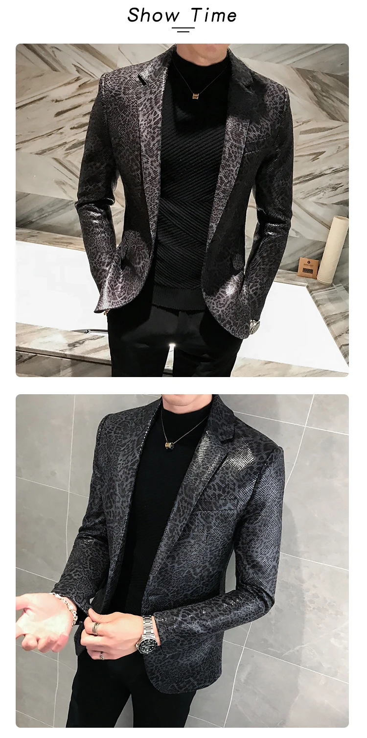 Куртка кожаные Сценические костюмы для певцов Свободное пальто Blaser Homens Terno Masculino осенний Леопардовый принт Мужской Блейзер кожаный костюм