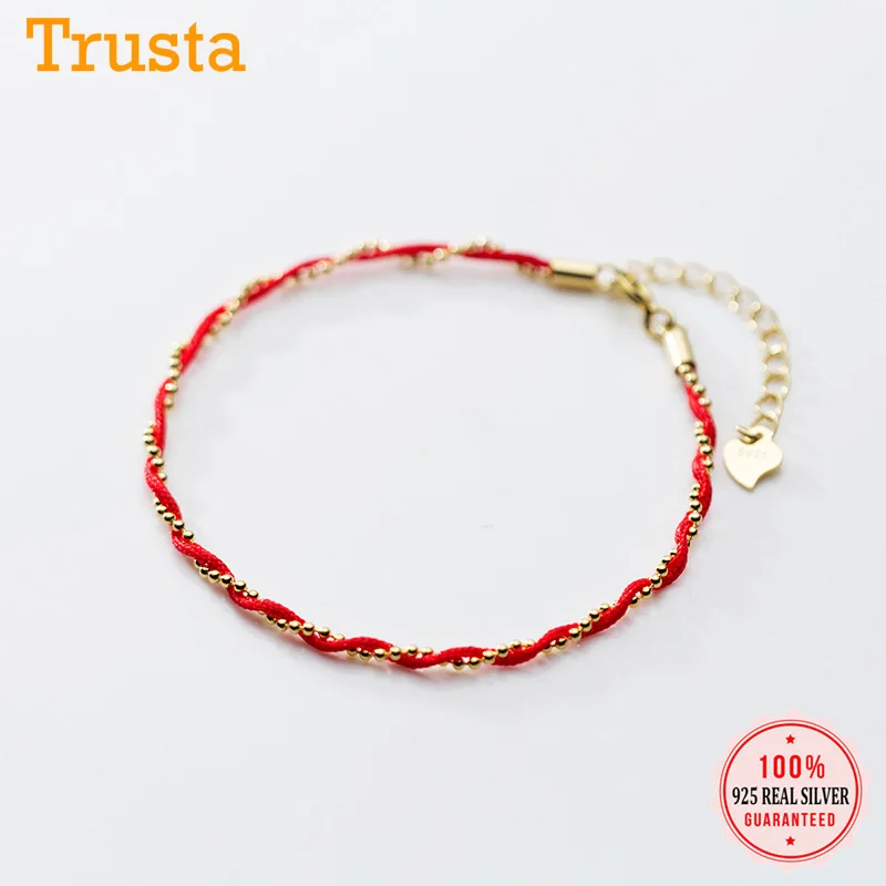 

Trusta 100% 925 Solid Sterling Silver Beads Chain Red Rope Winding Bracelet 16cm+3cm For Women Wedding Jewelry Gift DS1896
