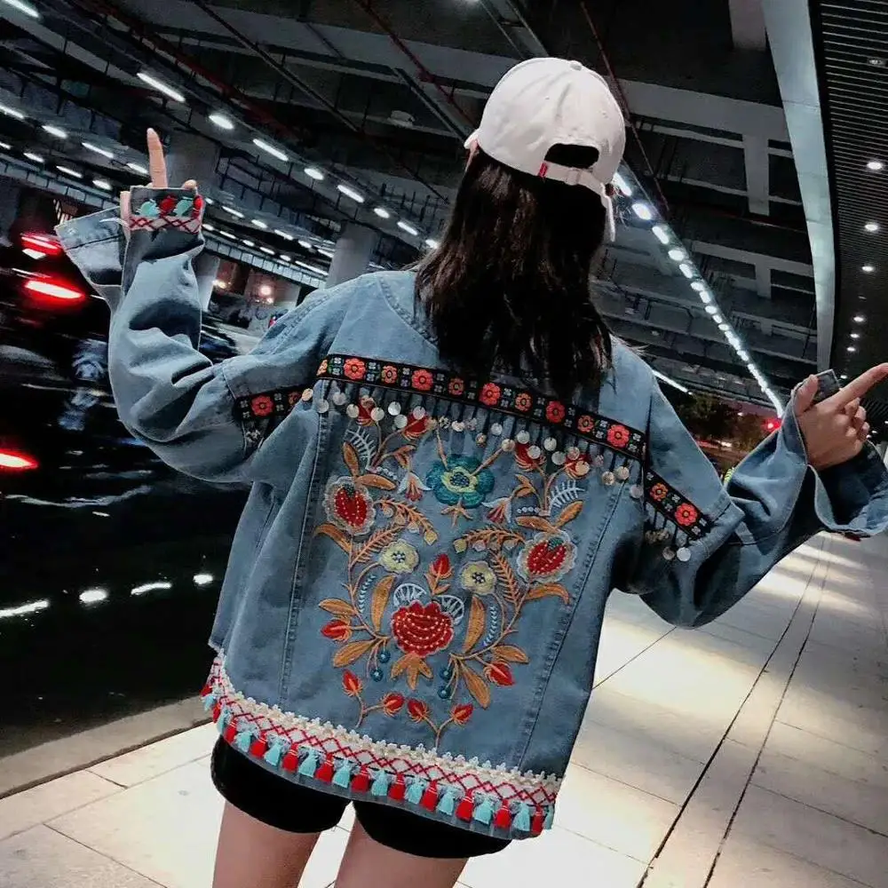 WHITNEY WANG Осенняя модная уличная богемная джинсовая куртка с вышивкой и кисточками женское джинсовое пальто