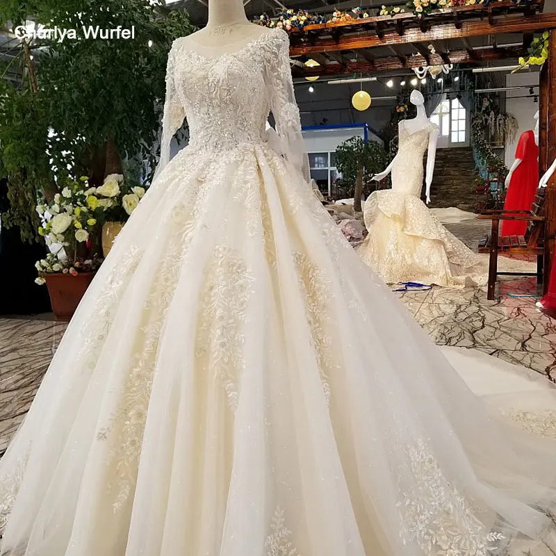 

LS36550 long sleeve wedding dress 2019 o-neck appliques organza A-line bridal dress wedding long train vestido de noiva simples