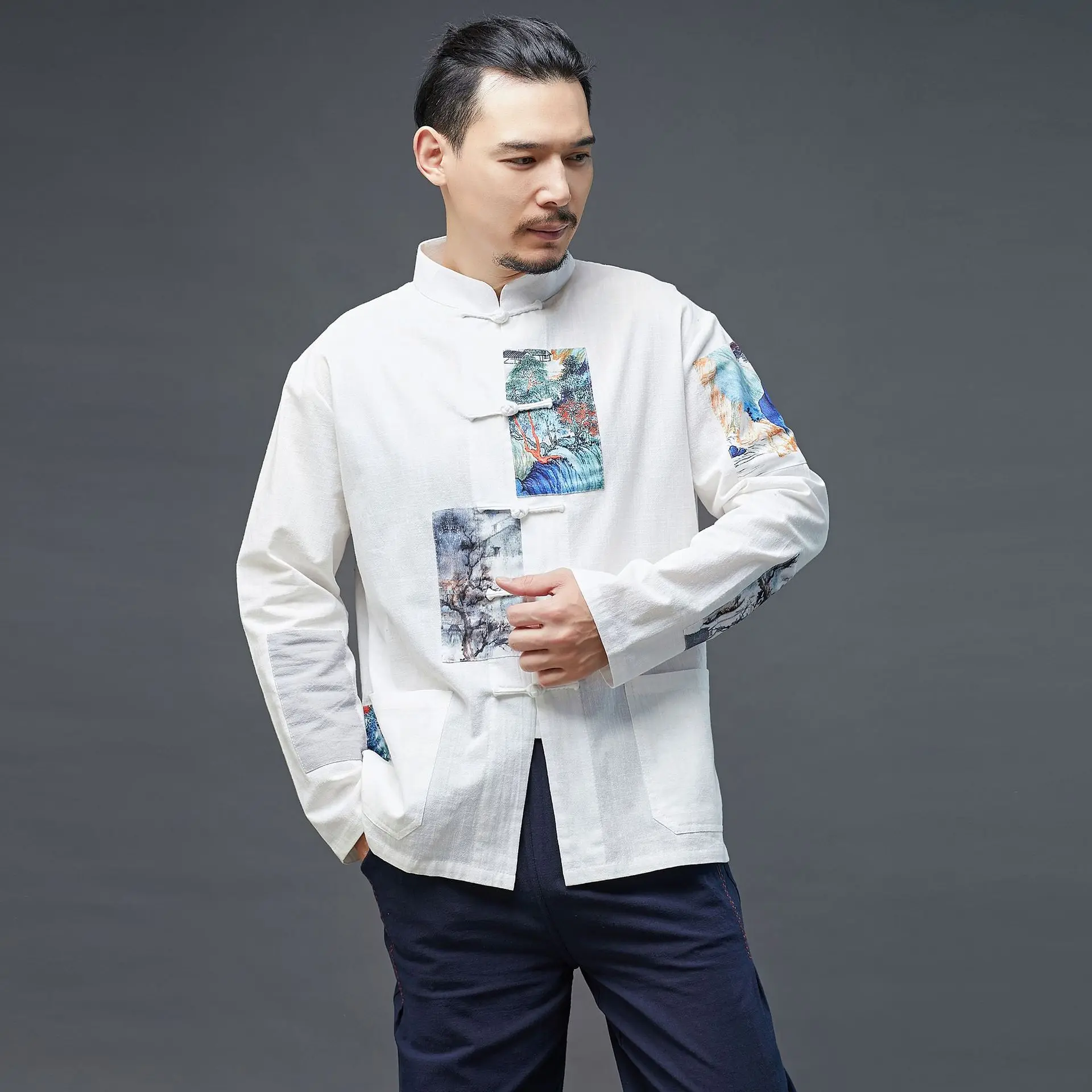 

Men's Summer Shirt Patch Plug Front Opening Clothes Chinese-Style Cotton and Linen Thin Handmade Buttonhole Loop Cardigan Model