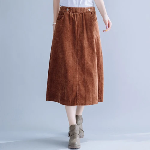 Dark khaki Tataria вельветовые юбки с высокой талией для женщин, осенне-зимняя утепленная юбка, Женская винтажная юбка, офисные женские длинные юбки в стиле ретро - Цвет: Dark khaki