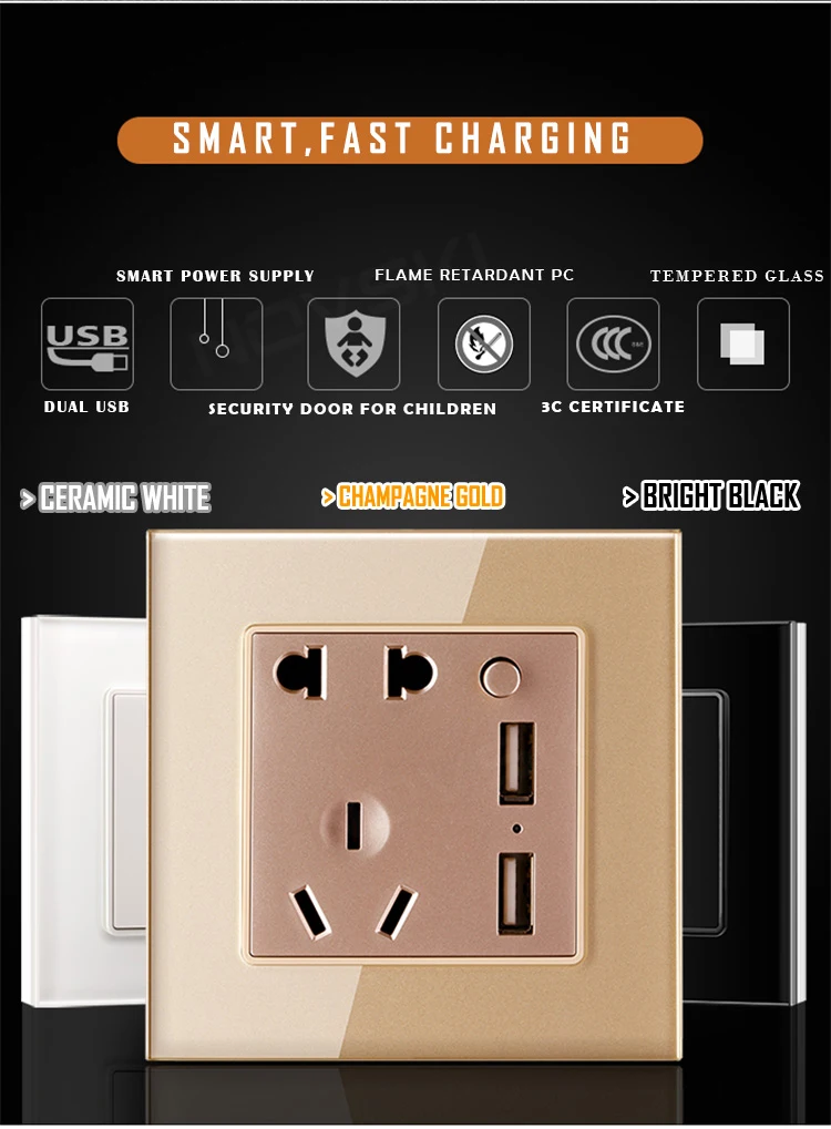 NOVSKI GB 10A 5 отверстий двойной USB настенный выключатель розетка немецкий Bayer огнестойкий материал закаленное стекло панель 220-250 В, заземлен