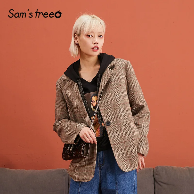 SAM'S TREE/разноцветные клетчатые женские теплые блейзеры, зимнее Элегантное однобортное облегающее офисное женское повседневное пальто