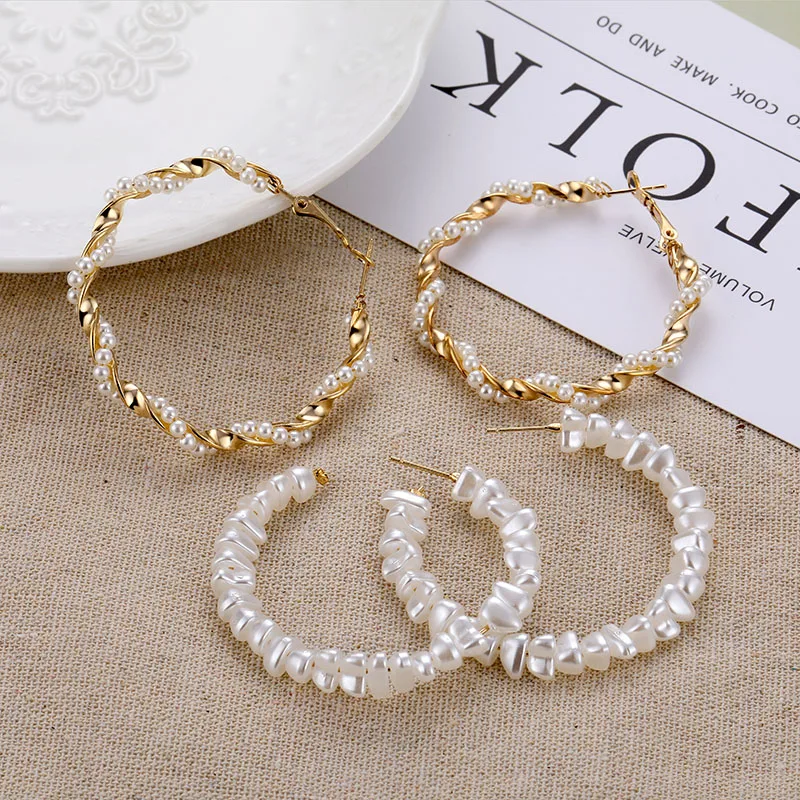 

SOUQ New Unique Round Pearl Hoop Earrings For Women Gems Korean Big Circle Earrings ZA Earring Brinco Fashion Statement Jewelry