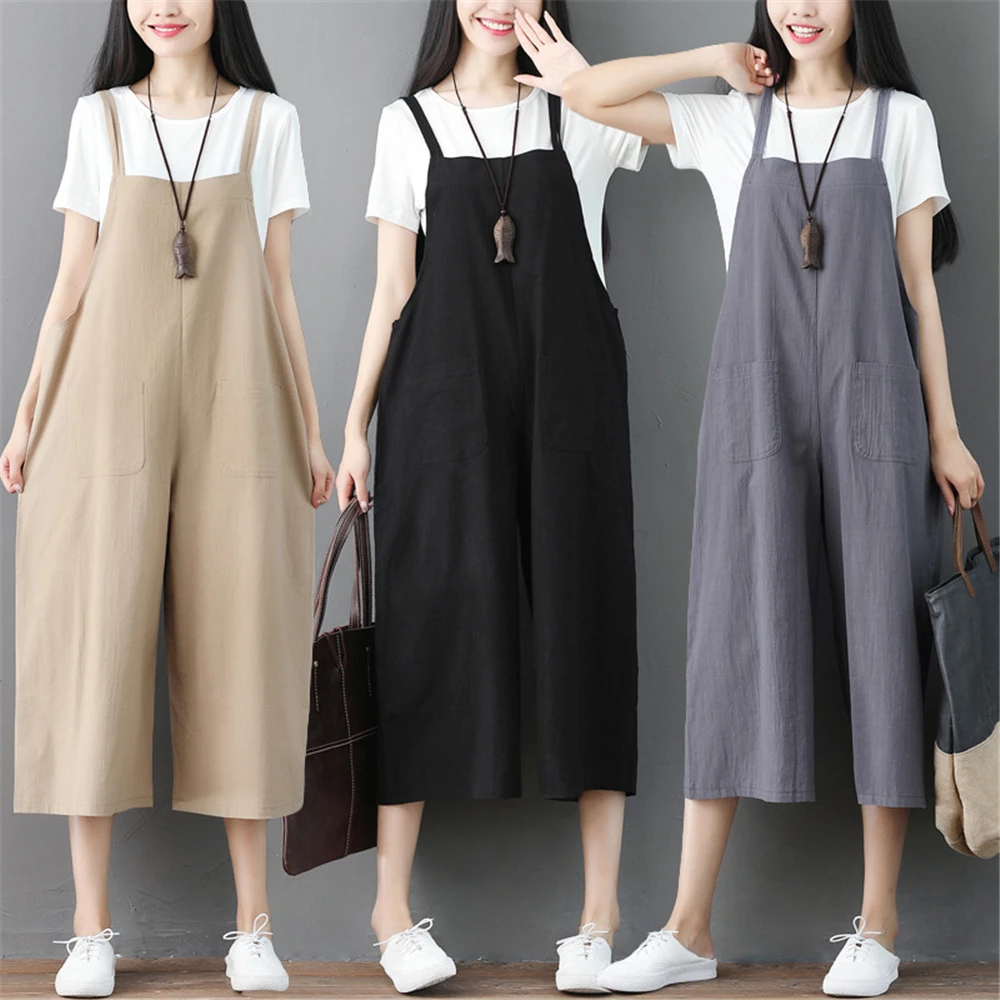 

Helisopus 2020 New Cotton Linen Strap Wide Leg Pants Jumpsuit Women Vintage High Waist Loose Plus Size Overalls Pockets Rompers