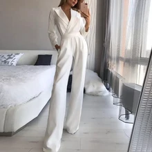 

Женский Облегающий комбинезон с длинным рукавом, элегантный однотонный офисный комбинезон с отложным воротником и высокой талией