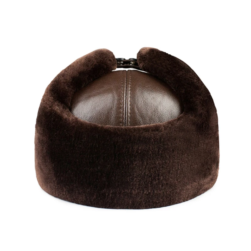 waterproof bomber hat Male Winter Warm Ear Protection Bomber Hat Man Genuine Leather Faux Fur Military Cap Inside Black Brown 55-60cm Flat Roof Caps sheepskin flying hat