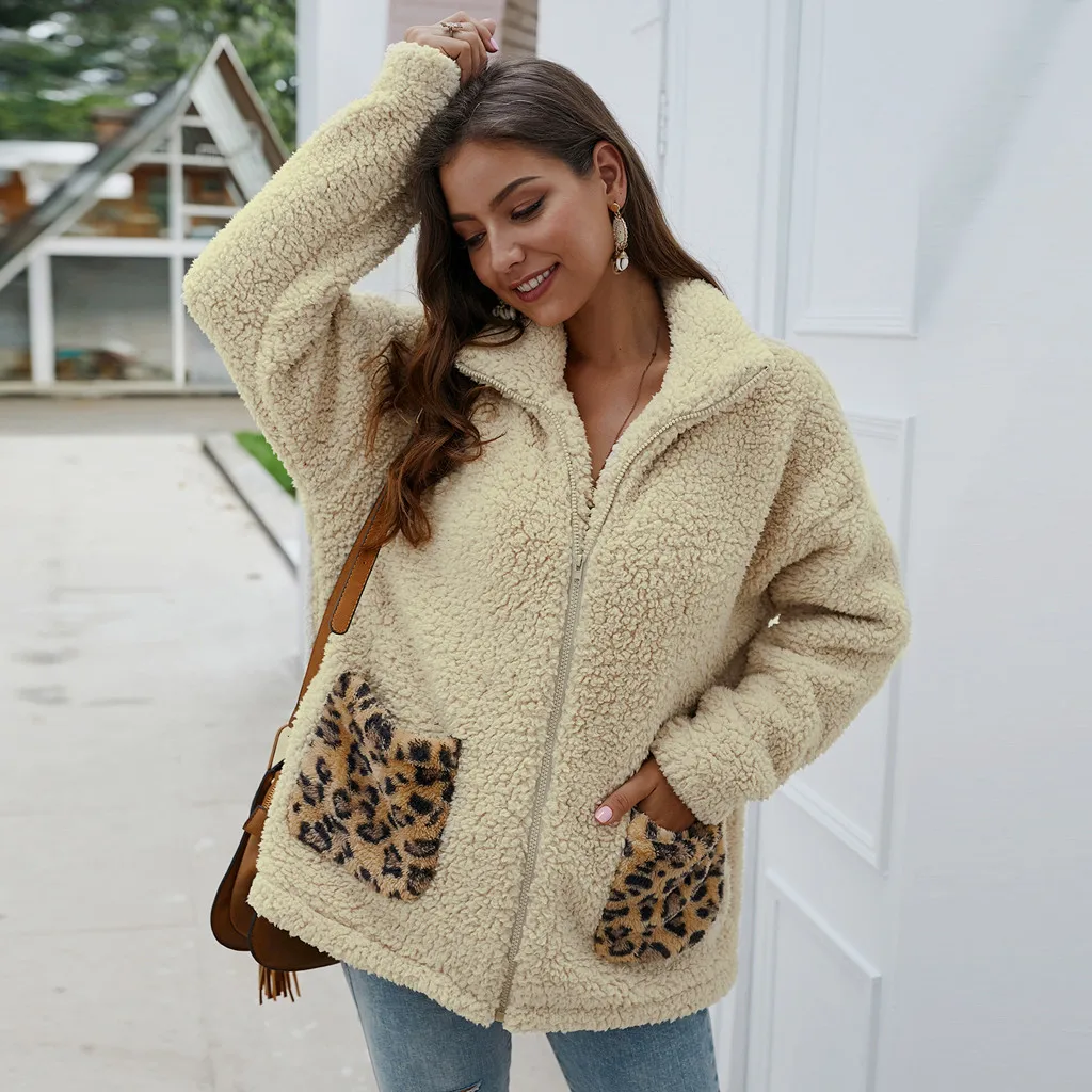 Jaycosin Fashion Women Winter Loose Wild Leopard Print Fleece Coat Stylish Long Sleeve Comfortable Soft Cardigan Zipper Coat22#4