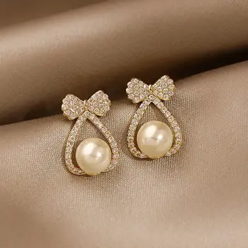 Cute Simple  Petite Bow Pearl high Sense Earrings  Female Sudent Fresh Asymmetric Earrings 1