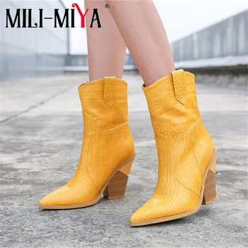 

MILI-MIYA Classic Design Women Ankle Boots Pointed Toe Slip-On Fashion Strange Heels Warm Short Plush Motorcycle Boot Size 34-46