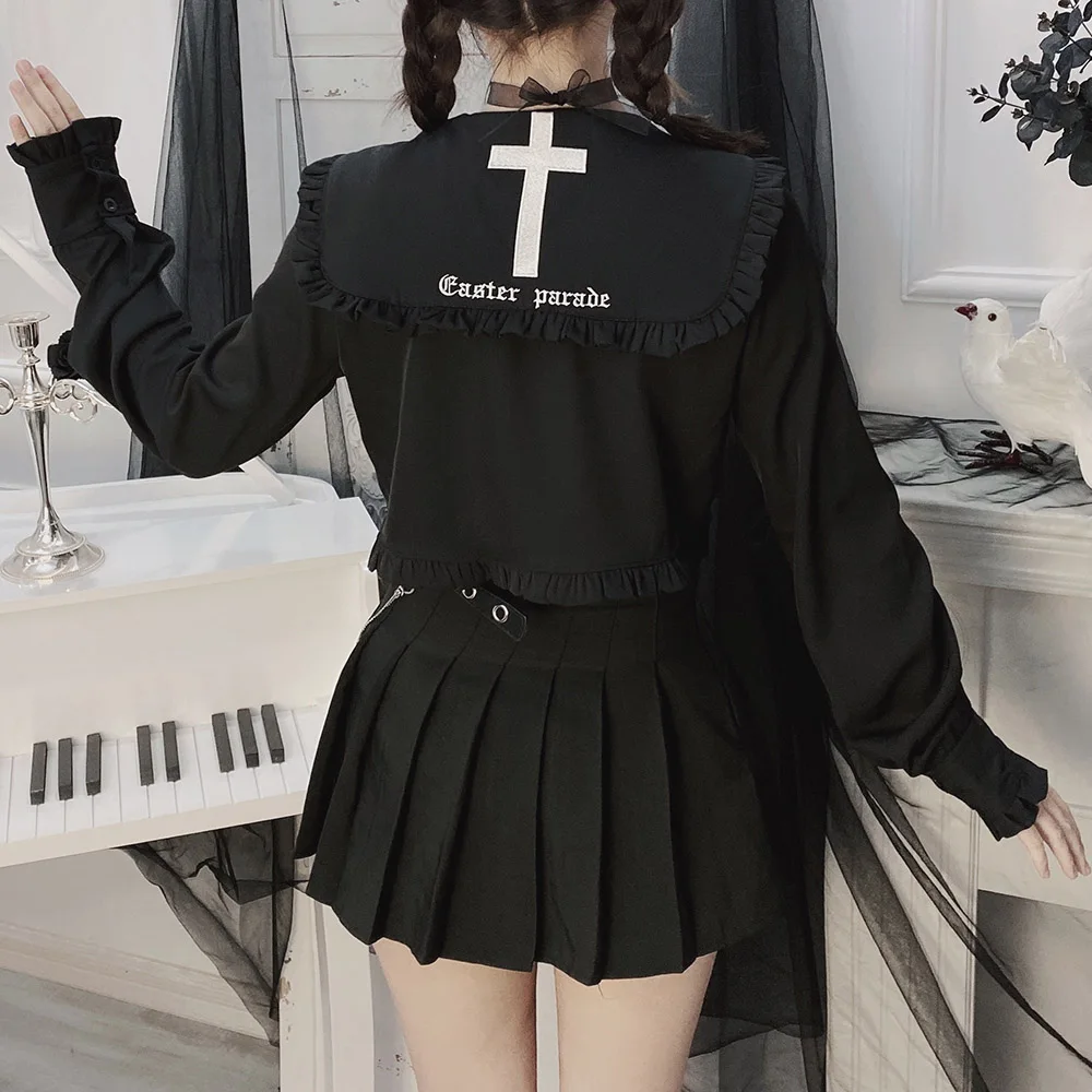 Rosetic Women Goth Blouse Cross Print Stringy Selvedge Bowknot Geometric Pullover Long Sleeve Slim Top Preppy Young Girl Loli