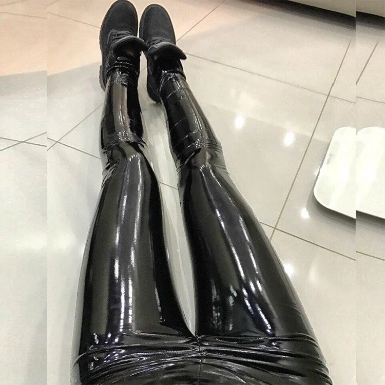 Женские леггинсы,, однотонные леггинсы с высокой талией, сексуальные черные облегающие штаны, леггинсы из искусственной кожи, мода Mujer