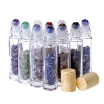 

10ml Clear Glass Roll on Perfume Bottles with Crushed Natural Crystal Quartz Stone Crystal Roller Ball Wood Grain Cap LX1222