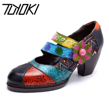 

Tuyoki New Bohemian Vintage Women Pumps Woman Spring Summer Genuine Leather Ladies Shoes Block High Heels Shoes Size 36-42