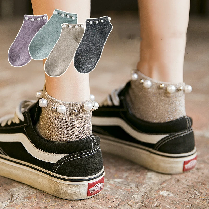 Повседневные женские короткие носки для девочек, милые носки с искусственным жемчугом, Носки ярких цветов с бусинами, Лидер продаж, женские хлопковые носки