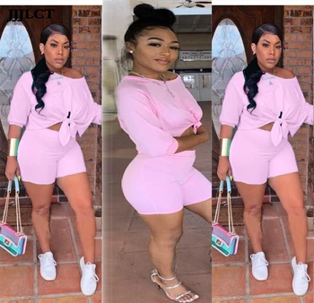 

2019 Women New Summer Three Quarter Length Sleeve Tie Hem Off-shoulder Top Shorts Two Piece Suit Set Tracksuit Outfit Q5102 Full