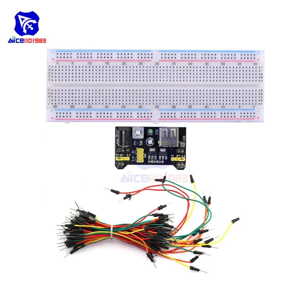 65 Jumper Wires 1 Set and 9V snap Connector Power Supply 830 tie Point Solderless Breadboard