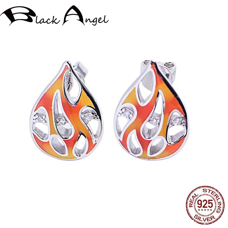 

Pure Handmade Openwork Enamel Flame Stud Earrings Silver 925 Fine Jewelry Water Drop Shape CZ Earrings bijoux femme