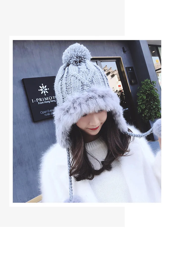 Женские зимние милые наушники Skullies Beanies, новинка, натуральный мохер, кроличий мех, трикотажные шапки для девочек Lei Feng, шапка